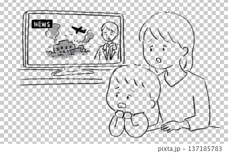 戦争のニュースを見て不安になる子供と母親 男の子 137185783