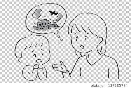 戦争について説明する母親と不安そうな子供 男の子 137185784