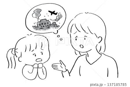 戦争について説明する母親と不安そうな子供 女の子 戦争について説明する母親と不安そうな子供 女の子 137185785