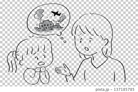 戦争について説明する母親と不安そうな子供 女の子 戦争について説明する母親と不安そうな子供 女の子 137185785
