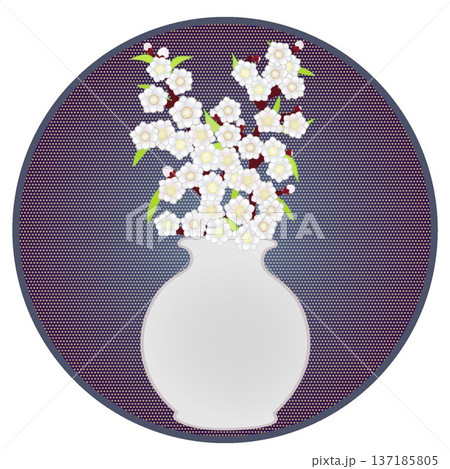円形背景のついた花瓶に活けられた花桃のイラスト 137185805