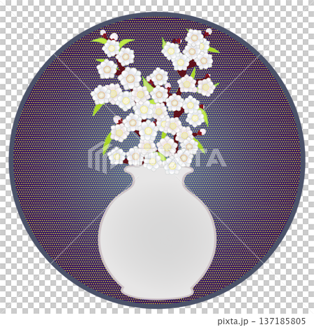 円形背景のついた花瓶に活けられた花桃のイラスト 137185805