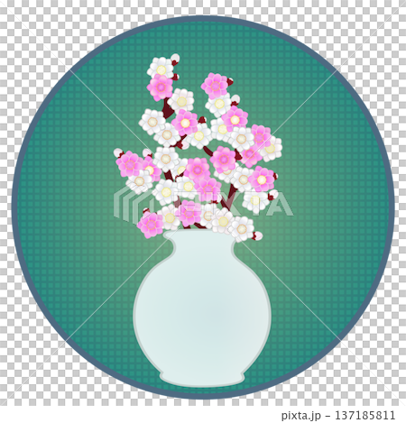Illustration of peach blossoms arranged in a vase with a circular background Illustration of peach blossoms arranged in a vase with a circular background 137185811