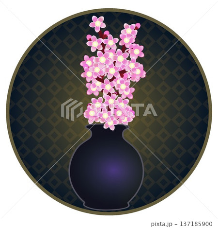 円形背景のついた花瓶に活けられた花桃のイラスト 円形背景のついた花瓶に活けられた花桃のイラスト 137185900