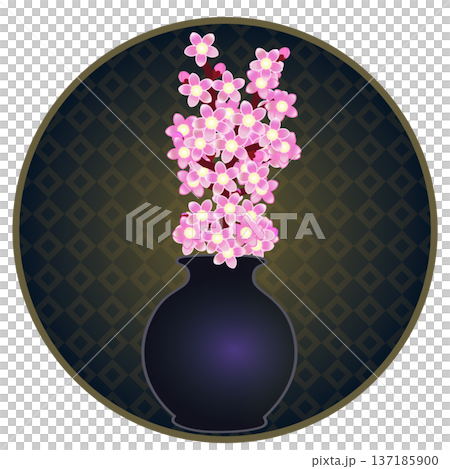 円形背景のついた花瓶に活けられた花桃のイラスト 円形背景のついた花瓶に活けられた花桃のイラスト 137185900