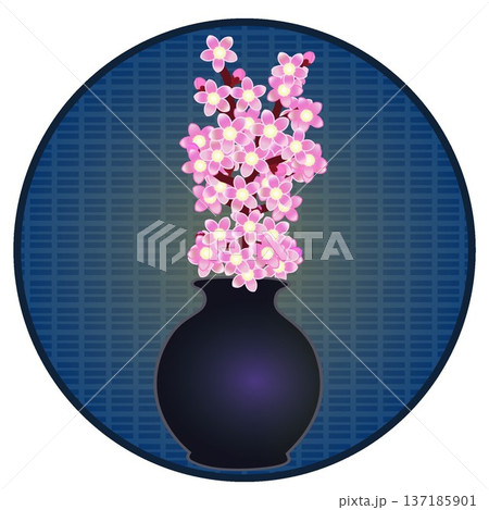 円形背景のついた花瓶に活けられた花桃のイラスト 137185901