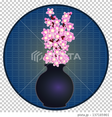 円形背景のついた花瓶に活けられた花桃のイラスト 137185901