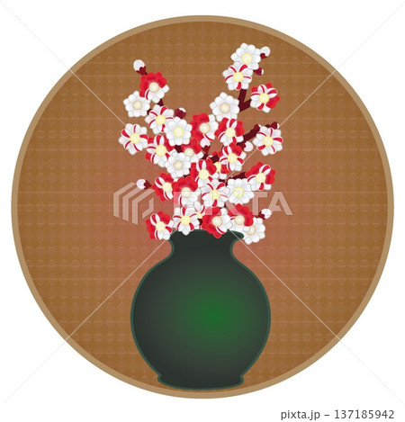 円形背景のついた花瓶に活けられた花桃のイラスト 円形背景のついた花瓶に活けられた花桃のイラスト 137185942