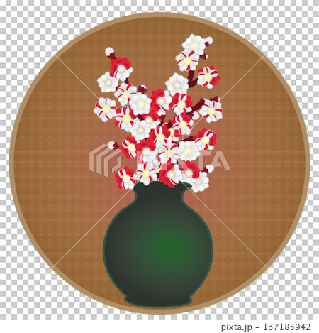 円形背景のついた花瓶に活けられた花桃のイラスト 円形背景のついた花瓶に活けられた花桃のイラスト 137185942
