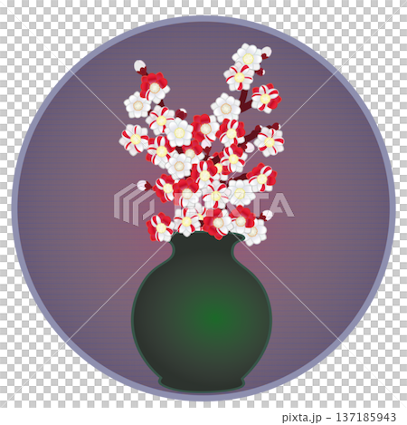 Illustration of peach blossoms arranged in a vase with a circular background Illustration of peach blossoms arranged in a vase with a circular background 137185943