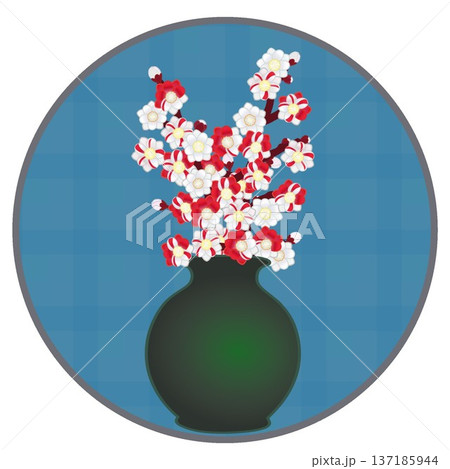 円形背景のついた花瓶に活けられた花桃のイラスト 137185944
