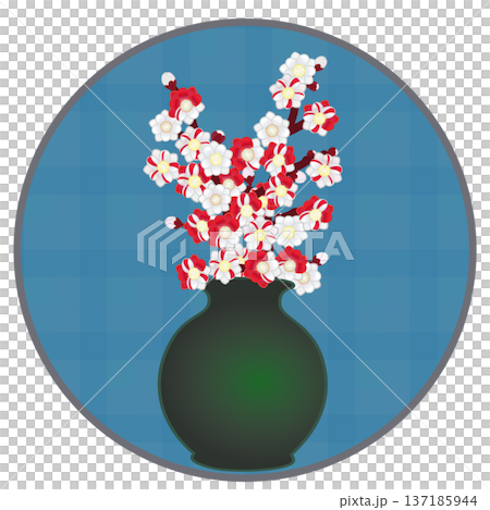 円形背景のついた花瓶に活けられた花桃のイラスト 137185944