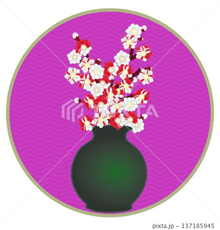 円形背景のついた花瓶に活けられた花桃のイラスト 円形背景のついた花瓶に活けられた花桃のイラスト 137185945