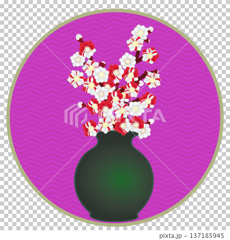 桃花插在花瓶中的插圖,背景為圓形。 桃花插在花瓶中的插圖,背景為圓形。 137185945