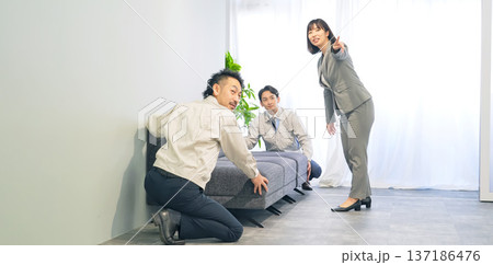 オフィスで指示を受けながら家具の設置作業をする作業員 オフィスで指示を受けながら家具の設置作業をする作業員 137186476