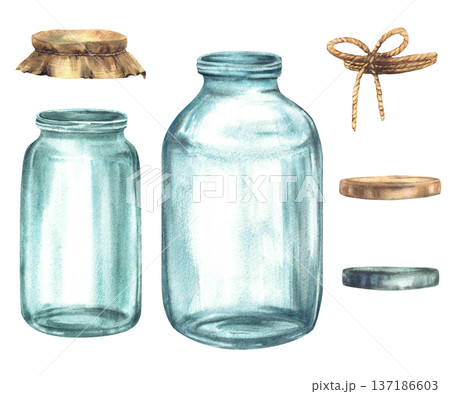 Watercolor glass jars set with lids and rope. Empty containers for storage or preservation. Hand drawn vintage illustration isolated on white. Watercolor glass jars set with lids and rope. Empty containers for storage or preservation. Hand drawn vintage illustration isolated on white. 137186603