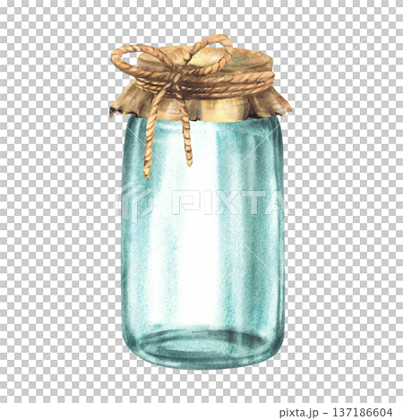 Watercolor glass jars with canvas burlap fabric lid tied with rope and beige bow. Empty containers for storage or preservation, jam. Hand drawn realistic vintage illustration isolated from background 137186604