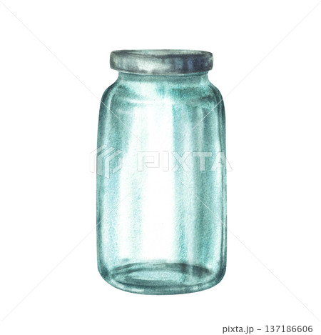 Watercolor Glass jar with silver lid. Realistic hand painted old glassware, Empty container for storage or preservation. Hand drawn vintage illustration isolated from background for kitchen, eco farm. Watercolor Glass jar with silver lid. Realistic hand painted old glassware, Empty container for storage or preservation. Hand drawn vintage illustration isolated from background for kitchen, eco farm. 137186606
