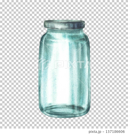 Watercolor Glass jar with silver lid. Realistic hand painted old glassware, Empty container for storage or preservation. Hand drawn vintage illustration isolated from background for kitchen, eco farm. Watercolor Glass jar with silver lid. Realistic hand painted old glassware, Empty container for storage or preservation. Hand drawn vintage illustration isolated from background for kitchen, eco farm. 137186606