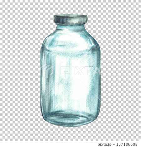 Watercolor Glass jar with silver lid. Realistic hand painted old glassware, Empty container for storage or preservation. Hand drawn vintage illustration isolated from background for kitchen, eco farm. Watercolor Glass jar with silver lid. Realistic hand painted old glassware, Empty container for storage or preservation. Hand drawn vintage illustration isolated from background for kitchen, eco farm. 137186608