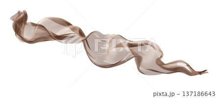 Sheer dark beige brown fabric flowing in the wind isolated on white background design element for fashion, cosmetic branding transparent cloth 3D render 137186643