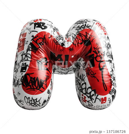Inflatable letter M covered in graffiti art isolated on white background, representing urban creativity and bold street concept 137186726