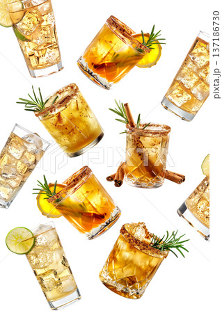 Ginger beer cocktail garnished with rosemary and chili powder in a glass isolated on white transparent background Ginger beer cocktail garnished with rosemary and chili powder in a glass isolated on white transparent background 137186730