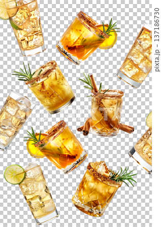Ginger beer cocktail garnished with rosemary and chili powder in a glass isolated on white transparent background Ginger beer cocktail garnished with rosemary and chili powder in a glass isolated on white transparent background 137186730