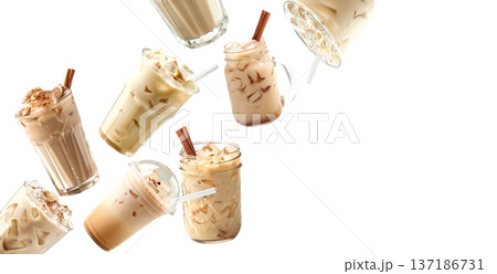 Multiple iced coffee beverages with cream or horchata isolated on white background, concept of refreshing cold drinks Multiple iced coffee beverages with cream or horchata isolated on white background, concept of refreshing cold drinks 137186731