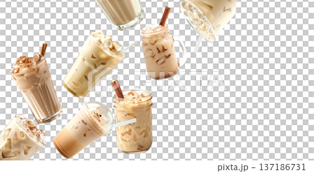 Multiple iced coffee beverages with cream or horchata isolated on white background, concept of refreshing cold drinks Multiple iced coffee beverages with cream or horchata isolated on white background, concept of refreshing cold drinks 137186731