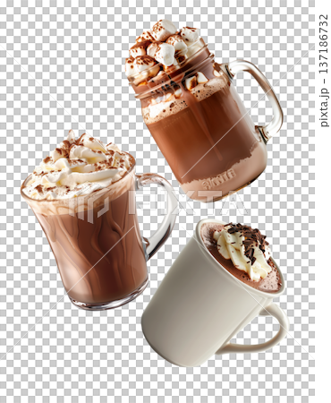 Hot chocolate drinks in various mugs with whipped cream isolated on white background showing warm beverage concept Hot chocolate drinks in various mugs with whipped cream isolated on white background showing warm beverage concept 137186732