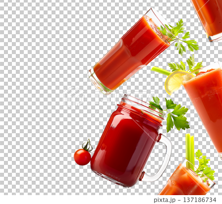 Multiple tomato juice glasses with celery and herbs isolated on white background, concept of freshness 137186734