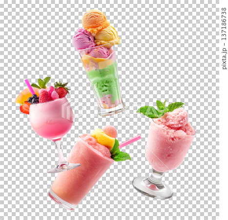 Assorted vibrant frozen beverages sherbet and ice cream isolated on white background, expressing summer refreshment concept Assorted vibrant frozen beverages sherbet and ice cream isolated on white background, expressing summer refreshment concept 137186738