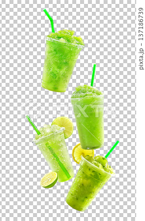 Green lime slush drinks in plastic cups, isolated on white background, expressing cool summer freshness 137186739