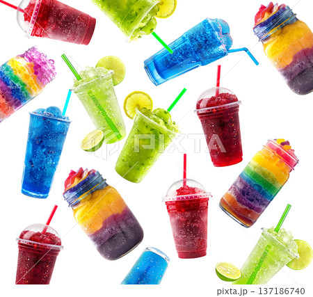 Colorful layered iced drinks slushie in jars and cups isolated on white background expressing freshness 137186740