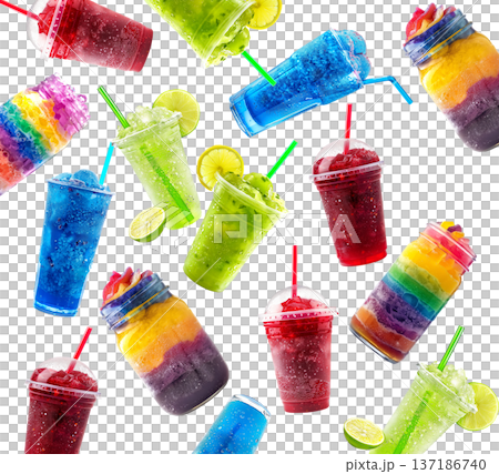 Colorful layered iced drinks slushie in jars and cups isolated on white background expressing freshness 137186740