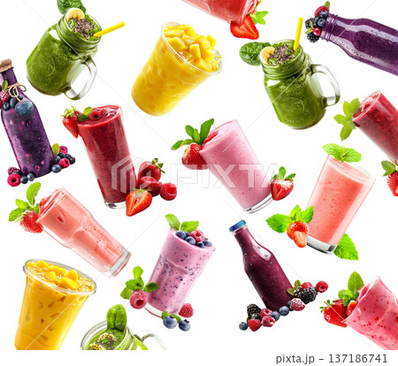 Assorted fruit and green smoothies in clear jars, isolated on white backdrop, concept of healthy freshness 137186741