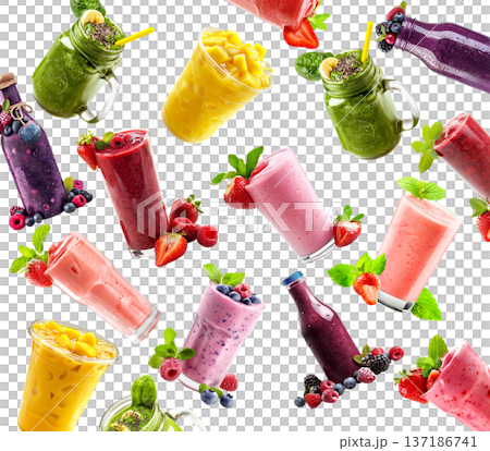 Assorted fruit and green smoothies in clear jars, isolated on white backdrop, concept of healthy freshness 137186741
