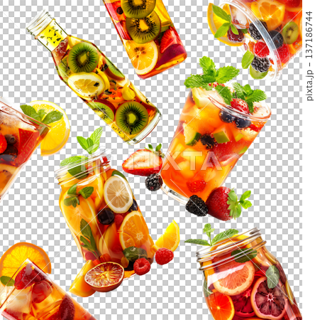Assorted tea fruity beverages in glass containers isolated on white background, expressing a refreshing drink concept 137186744