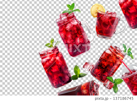 Various hibiscus iced tea drinks in clear jars with herbs isolated on white, concept of refreshing summer beverages 137186745