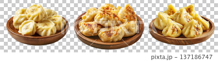 Set of Steamed Banana dumplings with intricate twisted edges, isolated on white background. Concept of Asian cuisine and food art 137186747