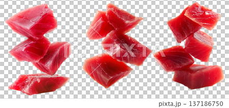 Set of raw tuna cubes Micronesian sashimi isolated on white transparent background, representing seafood freshness Set of raw tuna cubes Micronesian sashimi isolated on white transparent background, representing seafood freshness 137186750