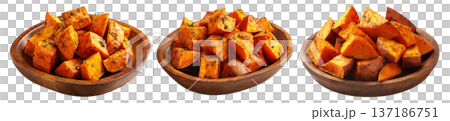 Set of baked or roasted sweet potato wedges with herbs and spices, isolated on white background, concept of healthy homemade snack Set of baked or roasted sweet potato wedges with herbs and spices, isolated on white background, concept of healthy homemade snack 137186751