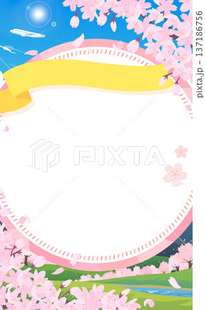 春の景色と飛行機と丸フレーム2_縦 137186756