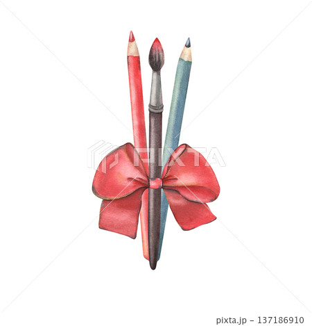 Pencils, paintbrush tied with red bow. Hand-painted watercolor illustration isolated on white. Perfect for art school branding, creative workshop, teacher gift, back to school design, cards, packaging Pencils, paintbrush tied with red bow. Hand-painted watercolor illustration isolated on white. Perfect for art school branding, creative workshop, teacher gift, back to school design, cards, packaging 137186910