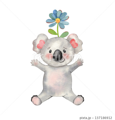Happy koala with open arms, blue flower on the top of her head. Hand-painted watercolor illustration isolated on white for kids design, children books, stickers, posters, branding, greeting cards Happy koala with open arms, blue flower on the top of her head. Hand-painted watercolor illustration isolated on white for kids design, children books, stickers, posters, branding, greeting cards 137186912