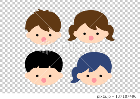 驚きや食事の表情をしたかわいい子供の顔アイコンセット 男の子と女の子のフラットベクターイラスト 137187496