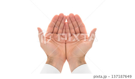 Two male hands cupped together in open gesture isolated on white background representing begging prayer or offering support and help concept 137187649
