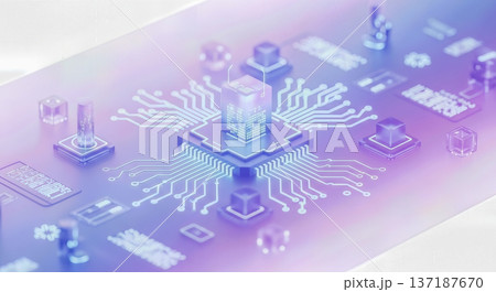 Digital computer processor chip with glowing neon circuits on futuristic background, artificial intelligence technology concept, microchip motherboard hardware server data abstract 137187670