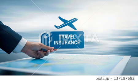 travel insurance concept hand holding blue sign with airplane icon over world map and sea background tourism safety medical protection vacation planning security luggage travel insurance concept hand holding blue sign with airplane icon over world map and sea background tourism safety medical protection vacation planning security luggage 137187682